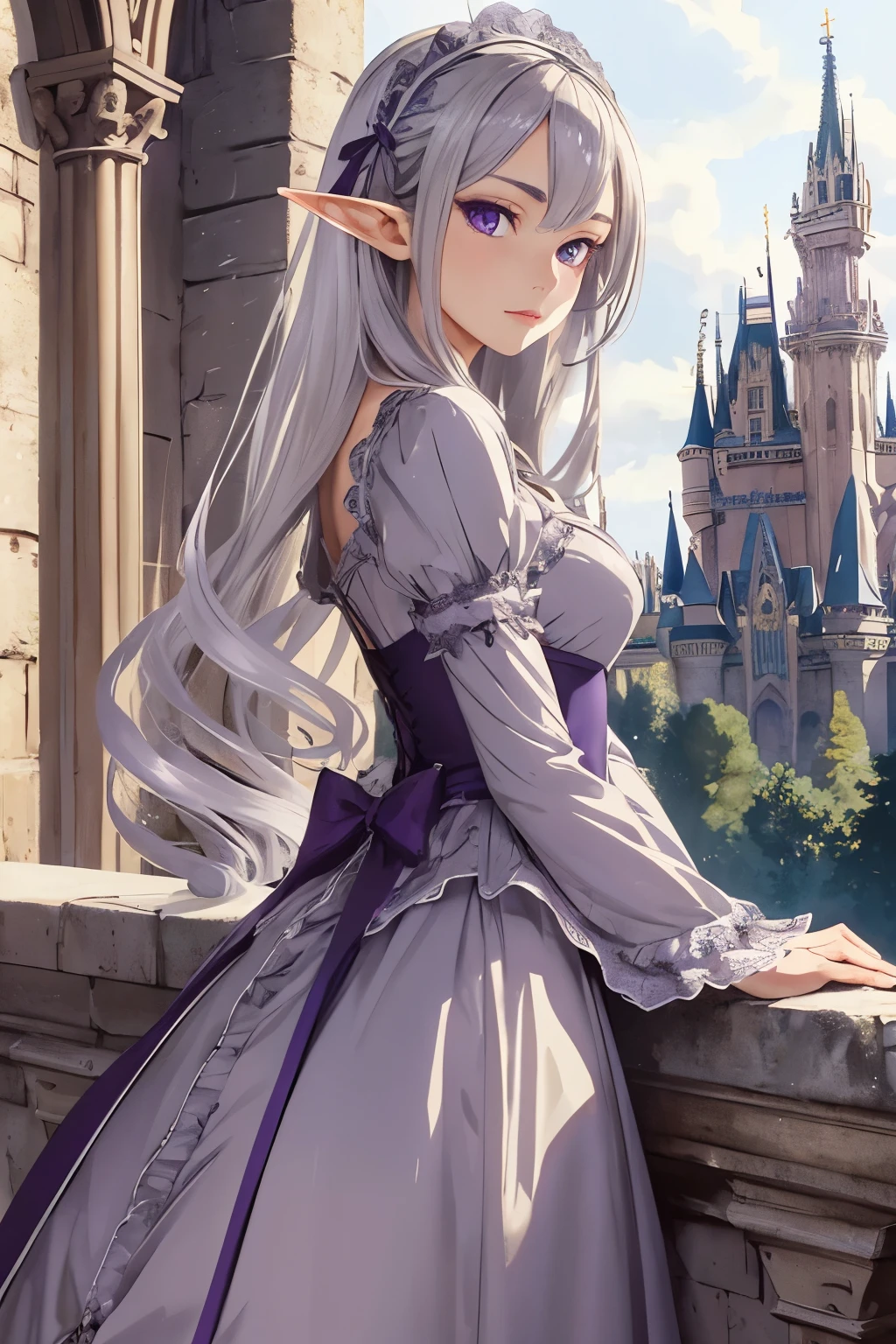 ((best quality)), ((masterpiece)), (detailed), perfect face, girl, arrogant, silver hair, long hair, purple eyes, ta dress, elf ears, castle on background, princess