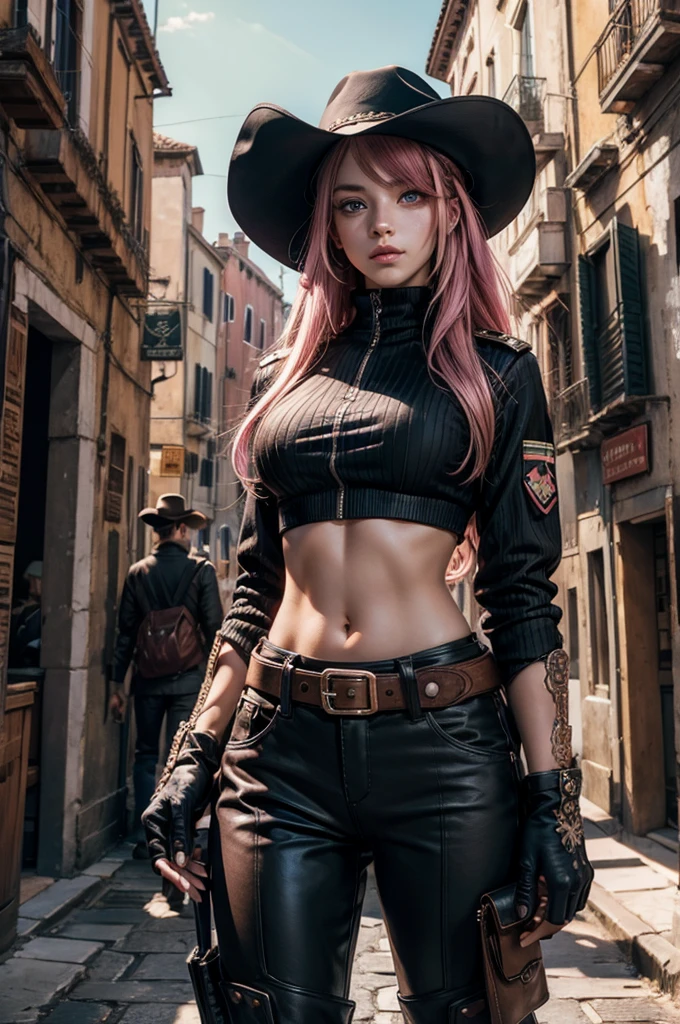 neopolitan, neopolitan, long hair, brown hair, (brown eyes:1.3), pink hair, multicolored hair, pink eyes, two-tone hair, (heterochromia:1.2), split-color hair, BREAK gloves, hat, navel, brown eyes, detached sleeves, midriff, belt, pants, white gloves, black headwear, bowler hat, BREAK outdoors, dystopian future, venice, italy, river, gondola, (crowd in military uniforms), bonfires, BREAK looking at viewer, (cowboy shot:1.5), BREAK (masterpiece:1.2), best quality, high resolution, unity 8k wallpaper, (illustration:0.8), (beautiful detailed eyes:1.6), extremely detailed face, perfect lighting, extremely detailed CG, (perfect hands, perfect anatomy),