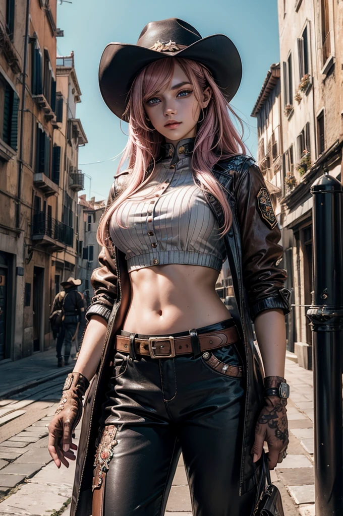 neopolitan, neopolitan, long hair, brown hair, (brown eyes:1.3), pink hair, multicolored hair, pink eyes, two-tone hair, (heterochromia:1.2), split-color hair, BREAK gloves, hat, navel, brown eyes, detached sleeves, midriff, belt, pants, white gloves, black headwear, bowler hat, BREAK outdoors, dystopian future, venice, italy, river, gondola, (crowd in military uniforms), bonfires, BREAK looking at viewer, (cowboy shot:1.5), BREAK (masterpiece:1.2), best quality, high resolution, unity 8k wallpaper, (illustration:0.8), (beautiful detailed eyes:1.6), extremely detailed face, perfect lighting, extremely detailed CG, (perfect hands, perfect anatomy),