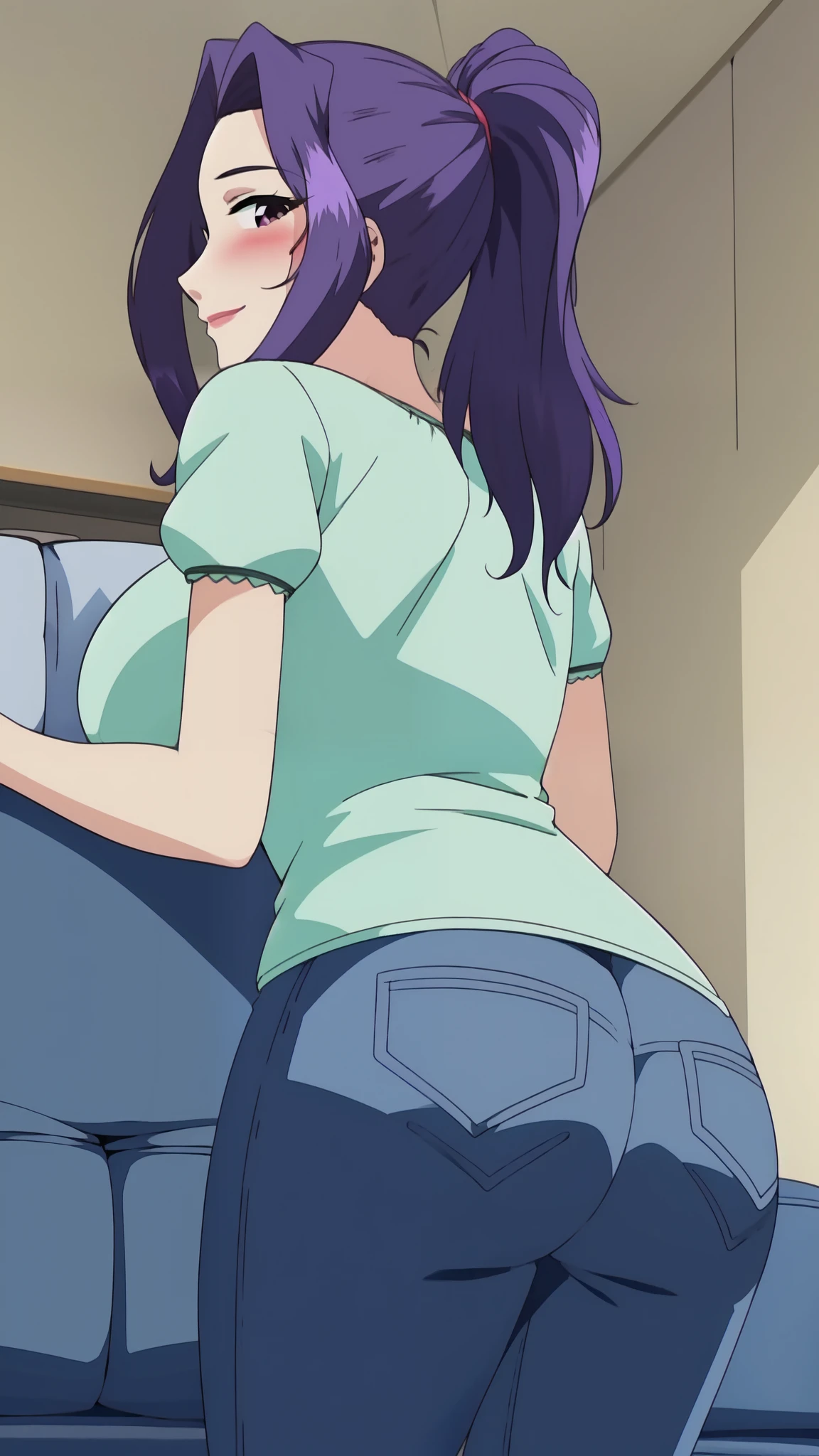 master piece, 1girl, solo, ponytail, purple hair, looking at viewer, blush, smile, closed mouth, short sleeves , ,shirt, jeans, purple eyes, huge ass, looking back, breast, indoors, from behind, , couch, , mature female, , ass focus,,