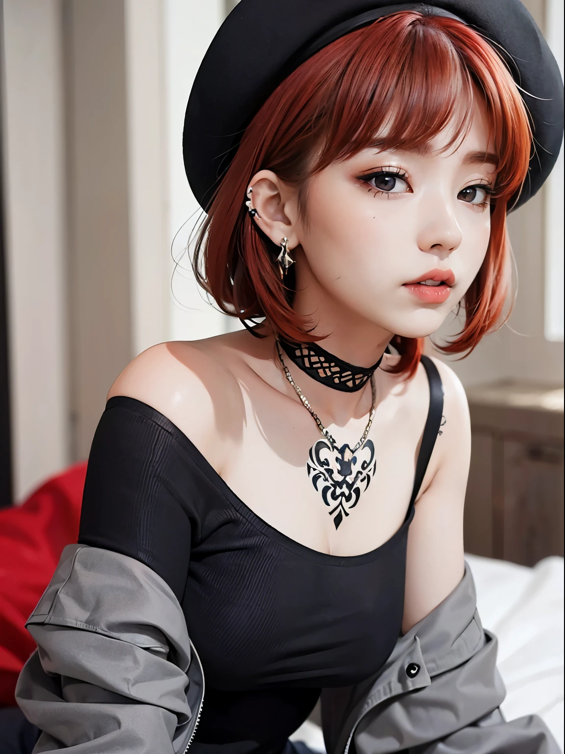 Girl with tattoo and piercing, close up, potrait, facelight, ultrasharp, (zentangled), photo of a beautiful woman, off shoulder, short light red hair wth bangs, ((black beret)), arm tattoo, gray eyes, androgynous person, (((black clothes)), taiwanese girl with tattoos, (((GRAY EYES)))