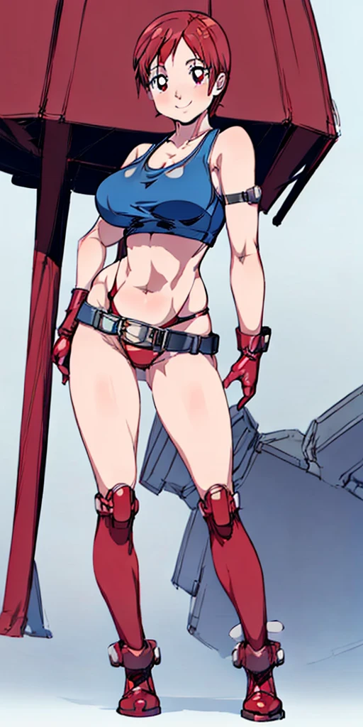 (plain background, 8k, best quality, masterpiece, realistic, photo-realistic:1.37) (full body height standing straight symmetrical contrapposto) (looking at viewer) 2legs apart (wide stance) ultra detailed, 1solo cute girl (beautiful detailed eyes) (smile:1.2) (closed mouth) view from below depth of field, good composition, bob hair, perfect knockers, suspenders, toned body, athletic, wide hips, thin waist, toned arms, exposed abdomen, abs toned, navel, big belly button belt ((red cheeks, red eyes, red tank top, red thong, red gloves gauntlets, red stockings thighs)) (Kei Kishimoto)