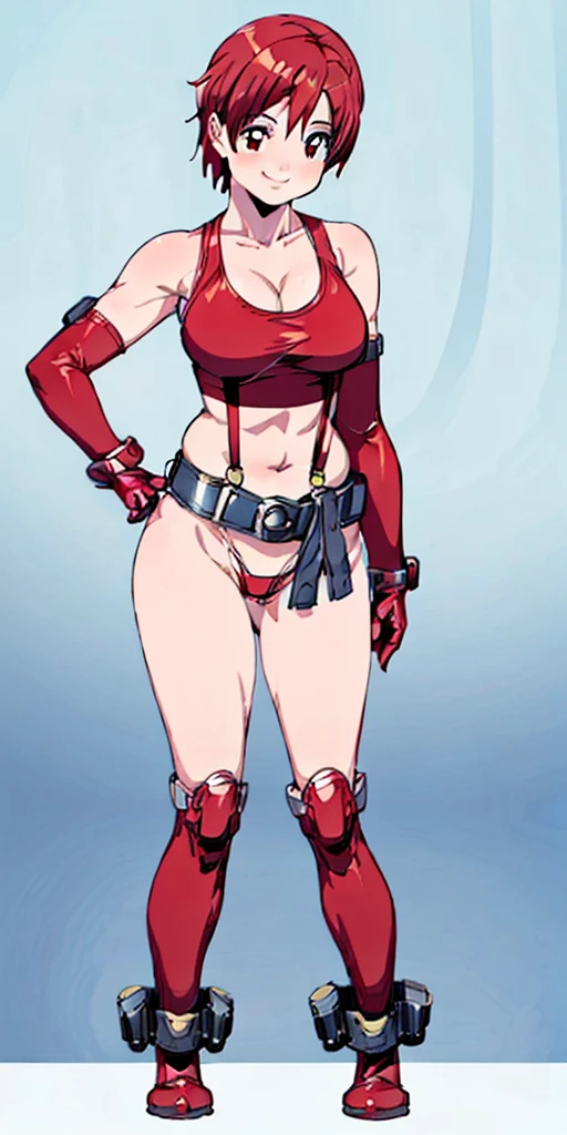 (plain background, 8k, best quality, masterpiece, realistic, photo-realistic:1.37) (full body height standing straight symmetrical contrapposto) (looking at viewer) 2legs apart (wide stance) ultra detailed, 1solo cute girl (beautiful detailed eyes) (smile:1.2) (closed mouth) view from below depth of field, good composition, bob hair, perfect knockers, suspenders, toned body, athletic, wide hips, thin waist, toned arms, exposed abdomen, abs toned, navel, big belly button belt ((red cheeks, red eyes, red tank top, red thong, red gloves gauntlets, red stockings thighs)) (Kei Kishimoto)