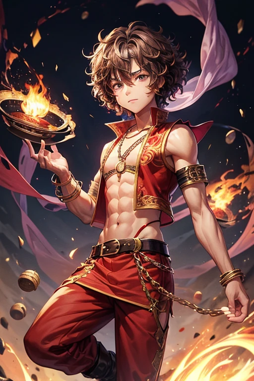 Corbin Bleu, 20 years old, short dark golden brown hair, short messy hair, dark red eyes, djinn clothing, light red sleeveless open vest, light red vest with golden Arabic print, light black Arabic pants, golden belt, djinn bracelet with silver gems, brown boots, phosphorescent red tattoos, surrounded by fire and violet smoke, muscular delegate complexion, hands tied with chains and feet surrounded by white chains, violet magic circles on each hand on a background of Arab ruins.