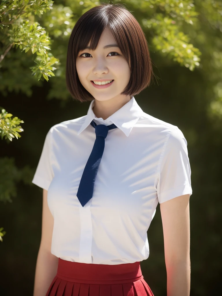 a beautiful 18-year-old Japanese lady,short bob hair,serafuku uniform,tight moderately translucent shirt,large round breasts,slender curvy figure,beautiful detailed eyes,long eyelashes,double eyelids,elongated eyes,innocent smile,short red ribbon tie,short pleated skirt,school patio background,hands on her hip,36-23-34 measurements,(best quality,4k,8k,highres,masterpiece:1.2),ultra-detailed,(realistic,photorealistic,photo-realistic:1.37),HDR,vivid colors,studio lighting