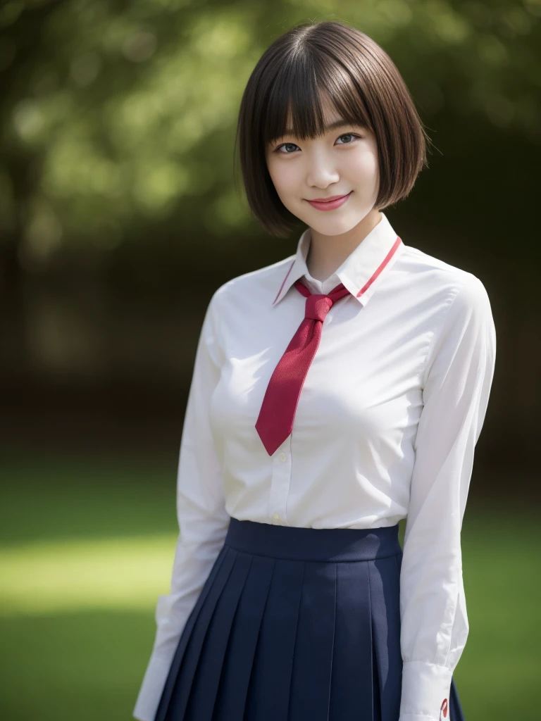 a beautiful 18-year-old Japanese lady,short bob hair,serafuku uniform,tight moderately translucent shirt,large round breasts,slender curvy figure,beautiful detailed eyes,long eyelashes,double eyelids,elongated eyes,innocent smile,short red ribbon tie,short pleated skirt,school patio background,hands on her hip,36-23-34 measurements,(best quality,4k,8k,highres,masterpiece:1.2),ultra-detailed,(realistic,photorealistic,photo-realistic:1.37),HDR,vivid colors,studio lighting