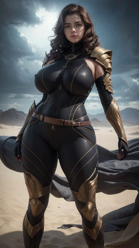 a digital illustration portraying a girl clad in an intricately designed Fremen suit reminiscent of the universe in Frank Herbert's "Dune." The suit boasts meticulous detailing, showcasing its desert-friendly features, including sand-resistant layers, functional utility belts, and a protective headscarf. Against the backdrop of a ferocious desert storm, she stands defiant, the tempest swirling around her. The artwork adopts a hyperrealistic style, accentuating the tactile feel of the suit's texture and the dramatic contrast of light and shadow in the midst of the storm, (Thick thighs:1.3), (huge breasts:1.4), ((CHUBBY:1.2)) (( shoulder length curly brunette hair,)) 