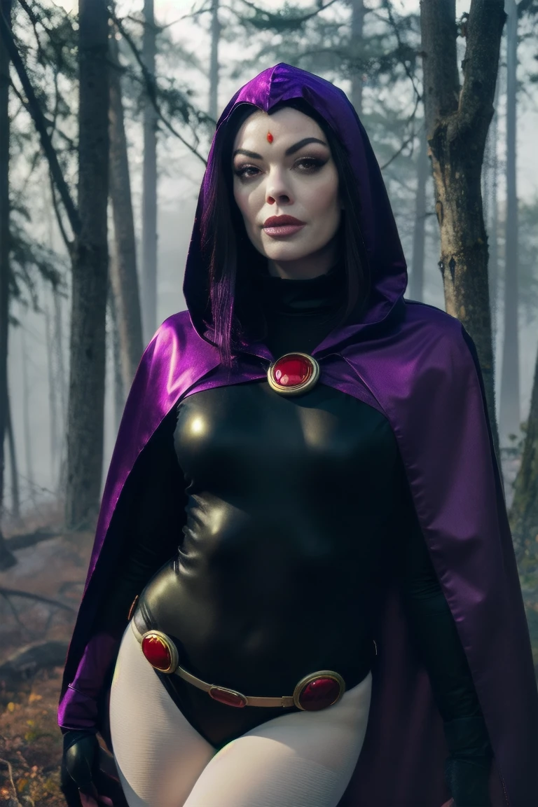 Rose McGowan, RVN cowboy photo, raven_cosplay, Hotraven, woman, Pale skin, black leotard, turtleneck, tights, cape, hood, bright eyes, gold belt, jewelry, medallion, athletic, viewer looking, night, dark forest, mist, fog, volumetric lighting, best quality, masterpiece, intricate details, tonemapping, sharp focus, hyper detailed, trendy on Artstation, realistic, in a seductive pose to please viewer
