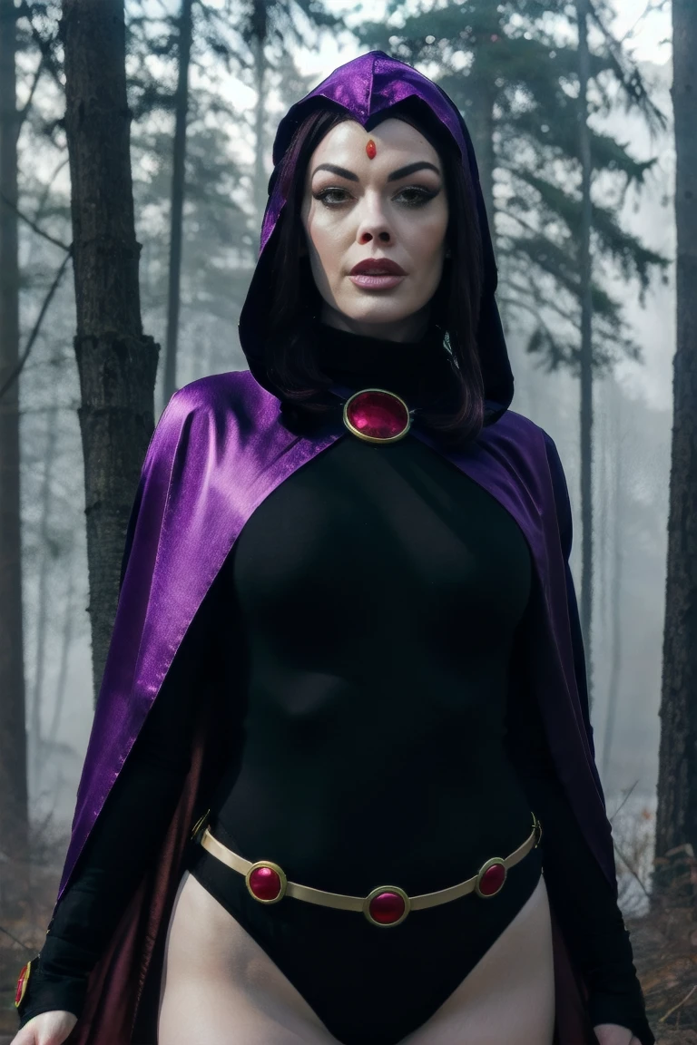 Rose McGowan, RVN cowboy photo, raven_cosplay, Hotraven, woman, Pale skin, black leotard, turtleneck, tights, cape, hood, bright eyes, gold belt, jewelry, medallion, athletic, viewer looking, night, dark forest, mist, fog, volumetric lighting, best quality, masterpiece, intricate details, tonemapping, sharp focus, hyper detailed, trendy on Artstation, realistic, in a seductive pose to please viewer