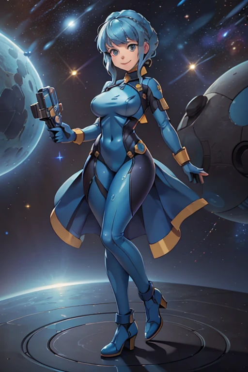 , masterpiece, high quality, extremely detailed, 1girl, solo, marianne fe, short blue hair, golden eyes, medium breasts, zero suit, blue gloves, high heels, light smile, standing, holding a blaster, smile, blush, cowboy shot, outer space, space environment, outer space background
