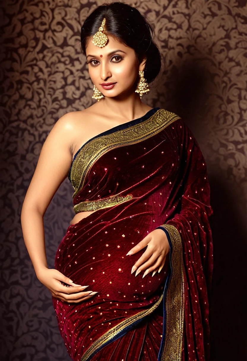 A beautiful pregnant arousing woman, divine and sensual, wearing a rich, opulent silk velvet saree, (best quality,4k,8k, highres, masterpiece:1.2), ultra-realistic, photorealistic, photo-realistic:1.37), HDR, studio lighting, vivid colors, extremely detailed face and eyes, detailed silk velvet textures, luxurious, love, epicurean, portrait
