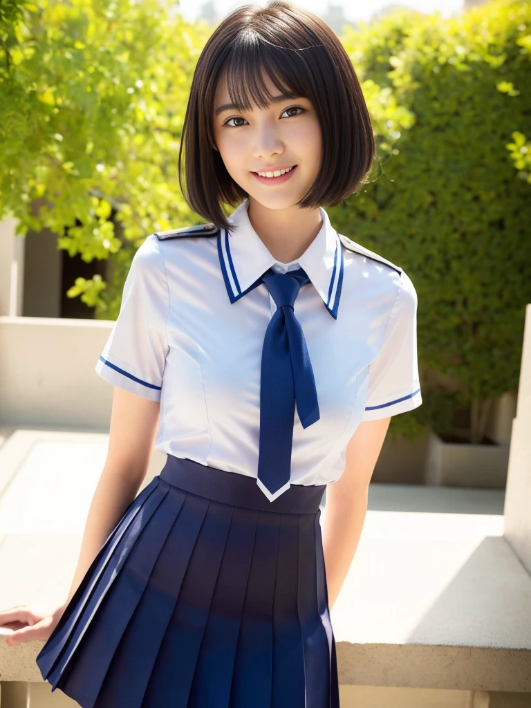 a beautiful 18-year-old Japanese lady,short bob hair,serafuku uniform,tight moderately translucent shirt,large round breasts,slender curvy figure,beautiful detailed eyes,long eyelashes,double eyelids,elongated eyes,innocent smile,short red ribbon tie,short pleated skirt,school patio background,hands on her hip,(best quality,4k,8k,highres,masterpiece:1.2),ultra-detailed,(realistic,photorealistic,photo-realistic:1.37),HDR,vivid colors,studio lighting