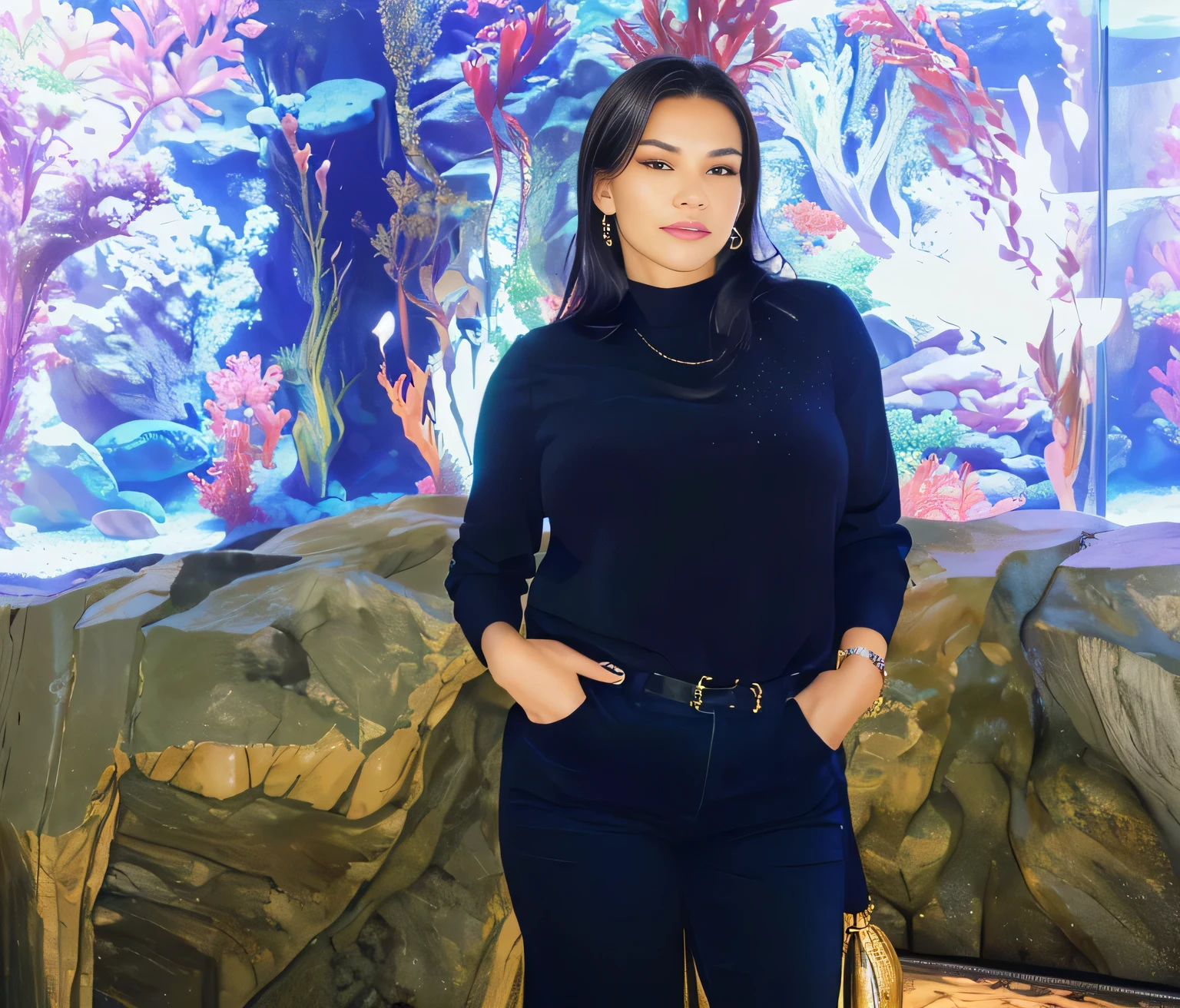 A beautiful Brazilian woman with tanned skin and medium-length dark hair in front of an aquarium with a large aquarium in the background, in a cave, at the bottom of the sea, 🦩🪐🐞👩🏻🦳, having fun, full body, profile image, in a beautiful crystal cave, 40 year old woman. She is about 40 years old, thick legs, beautiful legs, visible legs, elegant legs, full legs, shapely legs, full body image. She is 162 cm tall and her body weighs 56 kg. Her body exudes glamor and her face is a definition of beauty. Slender body, thin waist. Highly realistic, hyperrealism, very elaborate skin, hyperrealism, high quality photo. Full Body Photo, Sharp Photo, High Resolution, High Quality, Masterpiece, 16K Photo, Sharp, High Contrast, Masterpiece, (Photographically Realistic), 16k, NUDE, NUDITY, NFSW.
