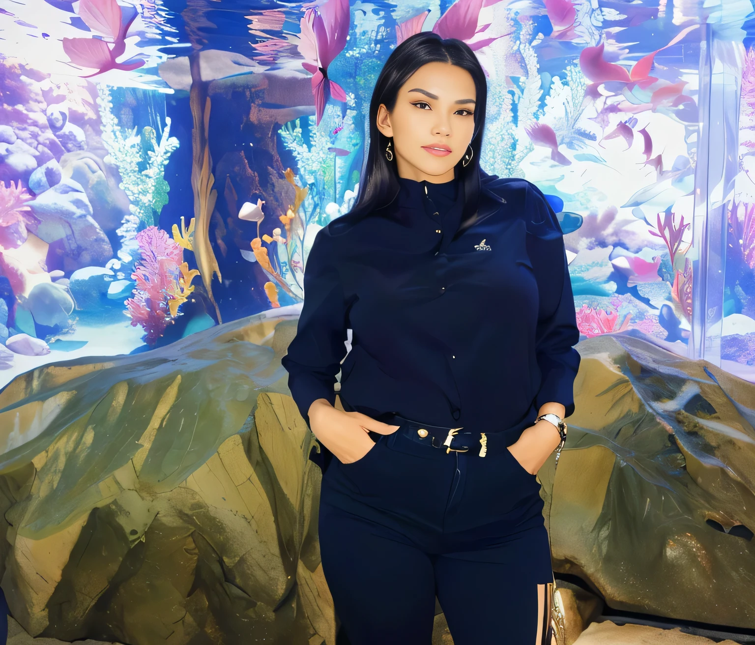 A beautiful Brazilian woman with tanned skin and medium-length dark hair in front of an aquarium with a large aquarium in the background, in a cave, at the bottom of the sea, 🦩🪐🐞👩🏻🦳, having fun, full body, profile image, in a beautiful crystal cave, 40 year old woman. She is about 40 years old, thick legs, beautiful legs, visible legs, elegant legs, full legs, shapely legs, full body image. She is 162 cm tall and her body weighs 56 kg. Her body exudes glamor and her face is a definition of beauty. Slender body, thin waist. Highly realistic, hyperrealism, very elaborate skin, hyperrealism, high quality photo. Full Body Photo, Sharp Photo, High Resolution, High Quality, Masterpiece, 16K Photo, Sharp, High Contrast, Masterpiece, (Photographically Realistic), 16k, NUDE, NUDITY, NFSW.
