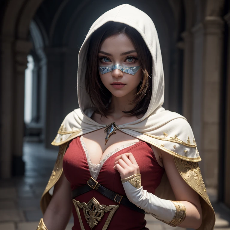 A full-body shot of Princess Zelda, brown hair, blue eyes, dressed as an Assassin from Assassins Creed, in white+gold witha white mask and hood with gold details, XL bust, using a wrist blade. Background: A city during the renaissance period. Unreal Engine 5, Anime, Anime style, Masterpiece, Well drawn eyes, well drawn face, well detailed eyes, well detailed face, 8k, light and shadow effect.