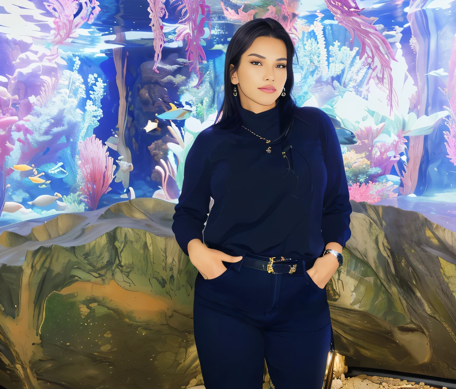 A beautiful Brazilian woman with tanned skin and medium-length dark hair in front of an aquarium with a large aquarium in the background, in a cave, at the bottom of the sea, 🦩🪐🐞👩🏻🦳, having fun, full body, profile image, in a beautiful crystal cave, 40 year old woman. She is about 40 years old, thick legs, beautiful legs, visible legs, elegant legs, full legs, shapely legs, full body image. She is 162 cm tall and her body weighs 56 kg. Her body exudes glamor and her face is a definition of beauty. Slender body, thin waist. Highly realistic, hyperrealism, very elaborate skin, hyperrealism, high quality photo. Full Body Photo, Sharp Photo, High Resolution, High Quality, Masterpiece, 16K Photo, Sharp, High Contrast, Masterpiece, (Photographically Realistic), 16k, NUDE, NUDITY, NFSW.
