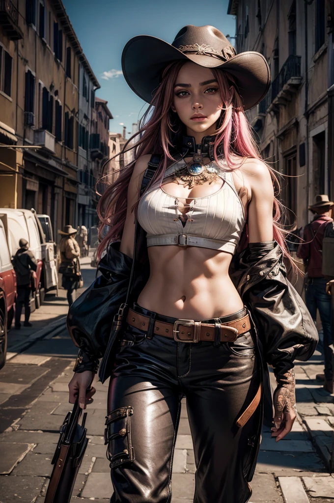 neopolitan, neopolitan, long hair, brown hair, (brown eyes:1.3), pink hair, multicolored hair, pink eyes, two-tone hair, (heterochromia:1.2), split-color hair, BREAK gloves, hat, navel, brown eyes, detached sleeves, midriff, belt, pants, white gloves, black headwear, bowler hat, BREAK outdoors, night, post-apocalypse, dystopian future, venice, italy, river, gondola, (crowd in military uniforms), bonfires, BREAK looking at viewer, (cowboy shot:1.5), BREAK (masterpiece:1.2), best quality, high resolution, unity 8k wallpaper, (illustration:0.8), (beautiful detailed eyes:1.6), extremely detailed face, perfect lighting, extremely detailed CG, (perfect hands, perfect anatomy),