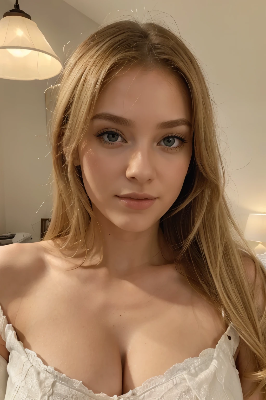 ((Best quality)), , (detailed), visage parfait, poitrine parfaite , fille au cheveux blond, Realistic , sur un lit avec des lumiere rouges