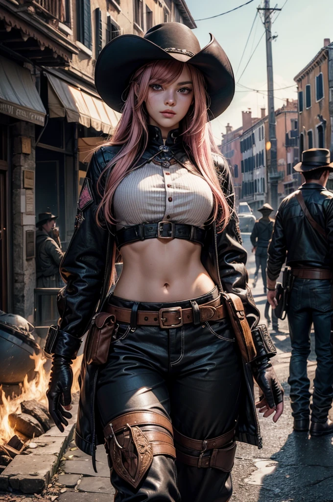 Create a cinematic, filmic image ((best quality)), ((masterpiece)), ((realistic)) of [post nuclear town] in [fallout style], with [detailed linework], [dynamic shading], and [rich colors]. Show [young caucasian woman] [Desert Ranger] named [AnjelikaV2:1.5] and her [full body], with [expressive facial features] and [fluid body movements], and close attention paid to [costume design] and [background details]. The art style should capture the [post-apocalyptic setting] of the image.
Create an [ultra-realistic], [high-resolution] image of [soldier] [mercenary] [exploring] [american] [desolated city] before the [storm], with the [hot summer sun] still shining brightly in the sky, but in the distance, the sky is a [dark and foreboding shade of blue], hinting at an impending storm. [Tumbleweeds] rolling in the distance.
Her face is covered in [dust] with windswept hair cascading [loosely]. Her eyes with [black eyeliner] and [smokey eye shadow] have long, full eyelashes that add to her feminine charm. She wears a [bandolier], [uzipped] [rugged black leather armor] showing her [cleavage] and [tactical vest:1.2], [old jeans] accentuating her [slim body] and [black wide-brimmed cowboy hat] with metal [texas ranger star], [knee pads] and [short leather boots] that provide both style and function and [holding weapon], [holding gun], [assault rifle:1.2].
Aim for a [photorealistic] portrayal that captures the [essence] of her character, with [intricate details] that capture every nuance of her form. The overall mood of the image should be [post nuclear], [post-apocalyptic], with a sense of [melancholy], [loneliness], and [desolation], showing the complete scene with her [full body]  >