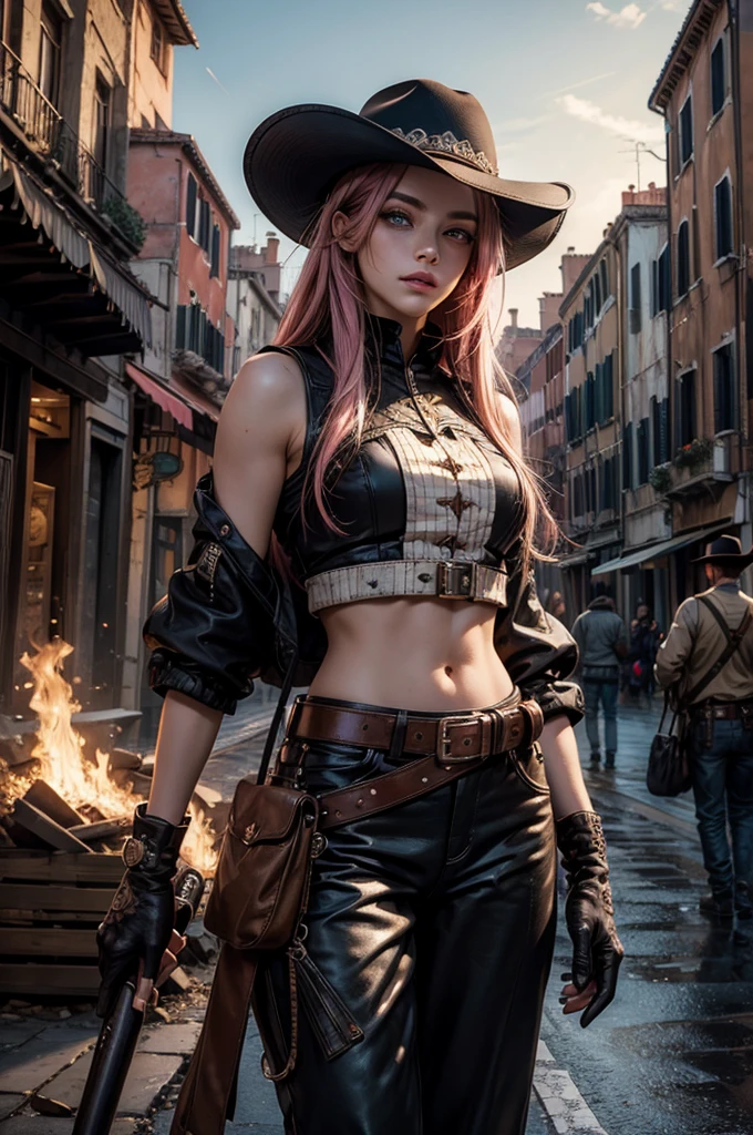 neopolitan, neopolitan, long hair, brown hair, (brown eyes:1.3), pink hair, multicolored hair, pink eyes, two-tone hair, (heterochromia:1.2), split-color hair, BREAK gloves, hat, navel, brown eyes, detached sleeves, midriff, belt, pants, white gloves, black headwear, bowler hat, BREAK outdoors, night, post-apocalypse, dystopian future, venice, italy, river, gondola, (crowd in military uniforms), bonfires, BREAK looking at viewer, (cowboy shot:1.5), BREAK (masterpiece:1.2), best quality, high resolution, unity 8k wallpaper, (illustration:0.8), (beautiful detailed eyes:1.6), extremely detailed face, perfect lighting, extremely detailed CG, (perfect hands, perfect anatomy),