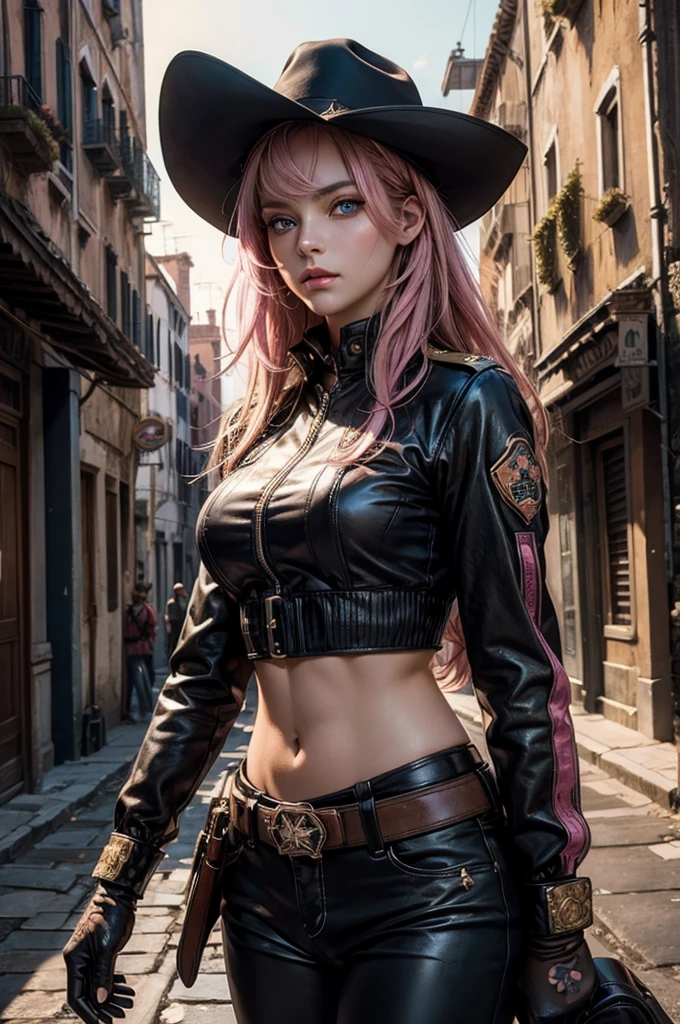 neopolitan, neopolitan, long hair, brown hair, (brown eyes:1.3), pink hair, multicolored hair, pink eyes, two-tone hair, (heterochromia:1.2), split-color hair, BREAK gloves, hat, navel, brown eyes, detached sleeves, midriff, belt, pants, white gloves, black headwear, bowler hat, BREAK outdoors, night, post-apocalypse, dystopian future, venice, italy, river, gondola, (crowd in military uniforms), bonfires, BREAK looking at viewer, (cowboy shot:1.5), BREAK (masterpiece:1.2), best quality, high resolution, unity 8k wallpaper, (illustration:0.8), (beautiful detailed eyes:1.6), extremely detailed face, perfect lighting, extremely detailed CG, (perfect hands, perfect anatomy),