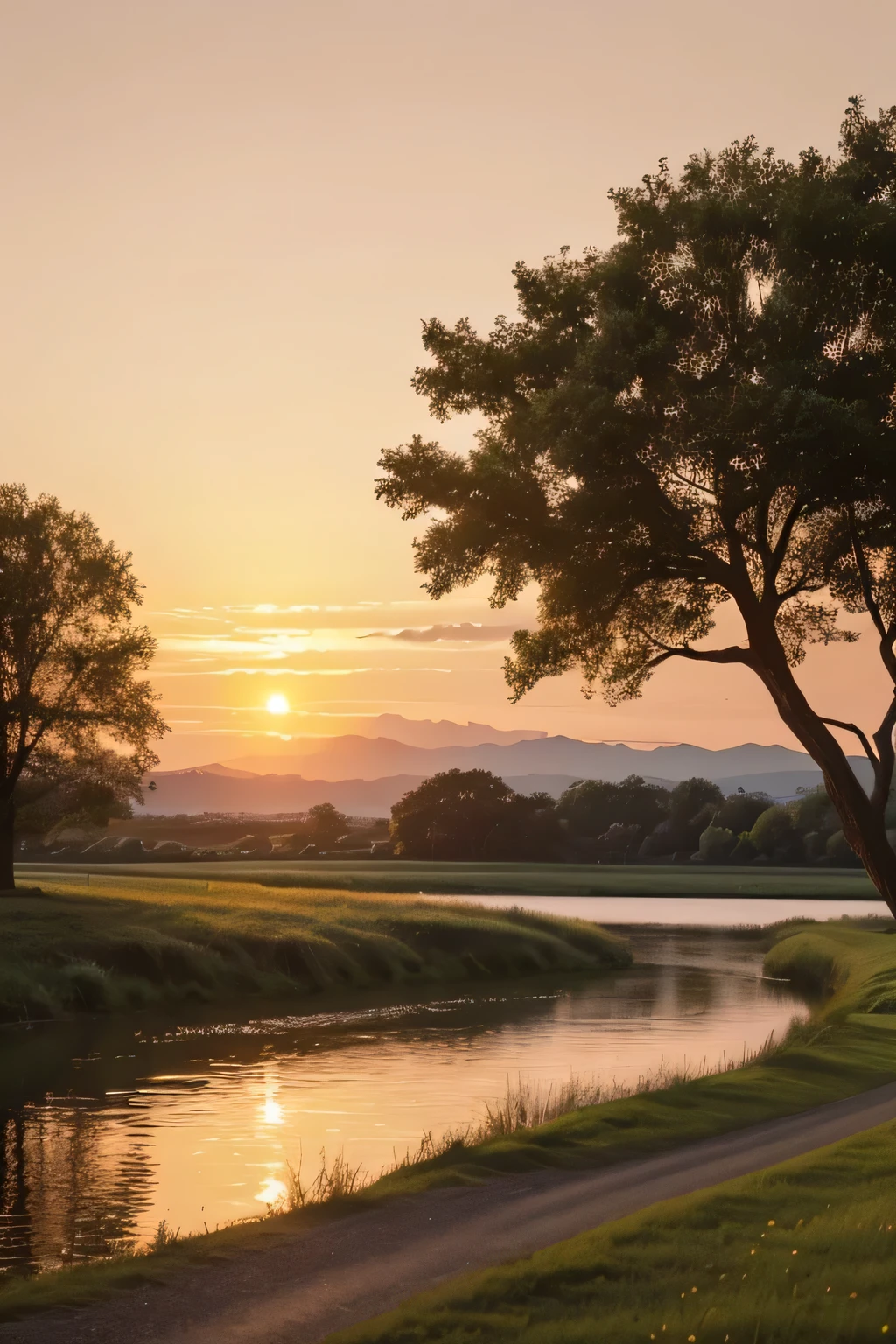 Create an image that captures the serene, comforting atmosphere of the late afternoon during Golden Hour. The scene should show a quiet road by a river, with the sun setting on the horizon, painting the sky with golden and pink tones. On the other side of the river, there should be a green pasture with oxen grazing, creating a sense of tranquility and simplicity. The image should convey the feeling of relief and contentment when returning home after a tiring day at work, with the sunset serving as a reminder of the beauty of life and nature. Stand out for the comforting atmosphere and natural beauty of the scene, evoking a sense of peace and happiness
