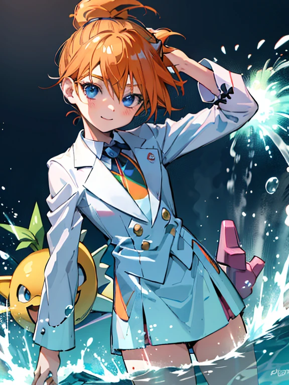 estilo anime, El ambiente lleno de agua., jugando con pokemon , Una mujer ( Personaje) he is in a white suit, see trougth,mojado, pelo corto, Color naranja, ojos naranjas, sonriente, Ultrarealista, cuerpo entero, 2d