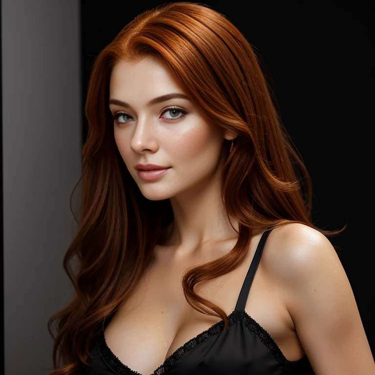 Create a photograph of a beautiful 22 year old girl, with long auburn hair, long detailed eyes, straight nose, waist up photograph seen from afar, wearing a black sleeveless blouse, masterpiece, best quality, hyper high definition , 8K, bokeh, ultra-fine painting, sharp focus, physics-based rendering, extremely detailed description. black background type photo studio