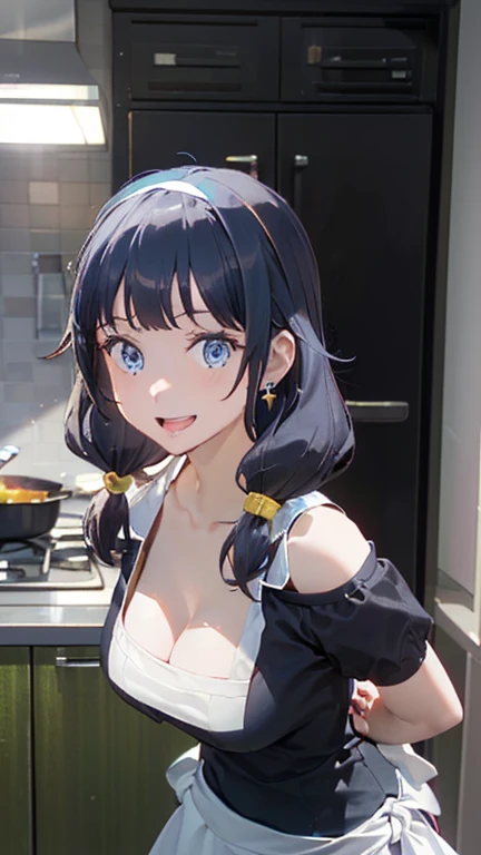 (dynamic angle:1.3, front view:1.1, breast focus:1.3, from below:1.2), (dynamic posing:1.5, sexy posing:1.3, leaning forward), (seductive smiling:1.3),masterpiece, 1girl, (pointed chest:1.3), cleavage:1.1,(double breasted:1.2,under bust:1.2), Amazing Cleavage:1.3, thin waist, big ass, Raised sexy, big breast: 1.2 posed cleavage:1.2、solo, looking at viewer, open mouth, have a grass of beergrass,black hair, blue eyes, bare shoulders, jewelry, collarbone, sidelocks, hairband, earrings, indoors, red off shoulder sweater dress, arms behind back, short hair with long locks, blue white hairband, big side hair, very long side hair is rendered in (masterpiece: 1.2, best quality), with (ultra high resolution) and an exquisite (depth of field). This masterpiece is not only visually stunning but also tells,A scene of cooking in the kitchen