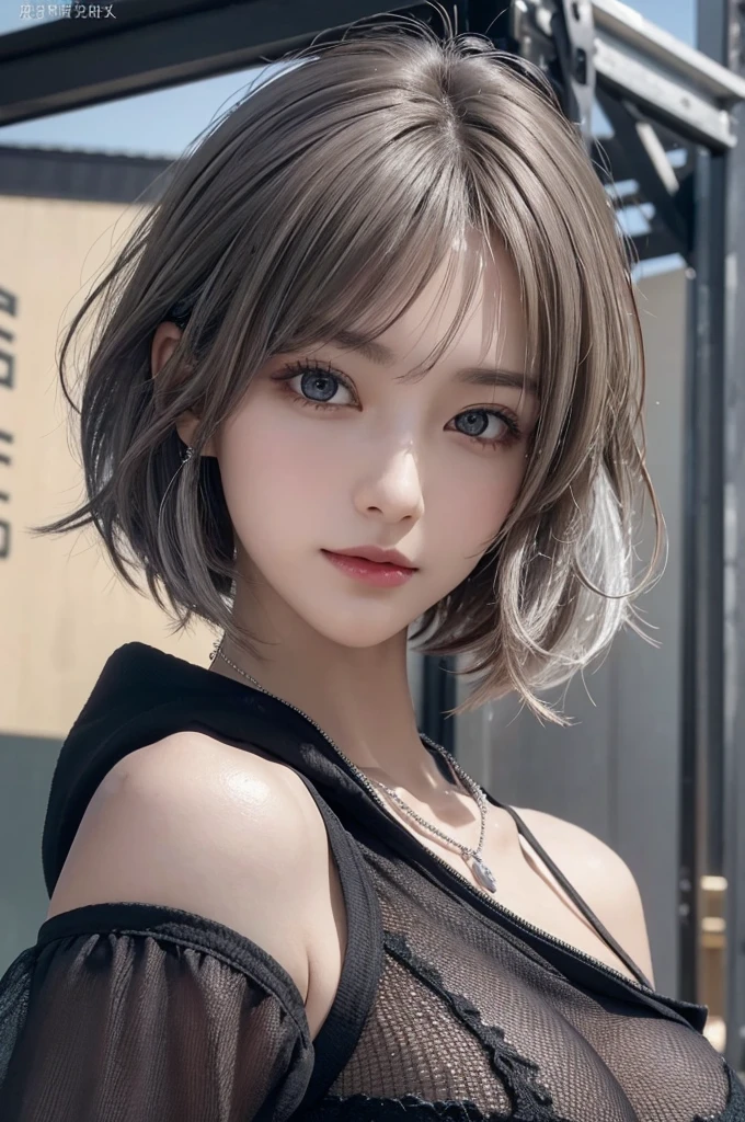 (Surreal) , (Like the picture:1.4),(Increase the resolution), (8k), (Very detailedな), (Beautiful and fine details), (highest quality), (Ultra-detailed), (masterpiece), (wallpaper), (Detailed face), solo,1 girl, perfect beautiful japanese woman:1.4、Looking at the audience, Subtle details, Detailed face, Cloudy, Deep Shadow, A gentle smile,Short hair silver color mesh,My hair is messy,Looking up,masterpiece, highest quality, 8k, Upper Body, Dabo Dabo hoodie:1.4, break,masterpiece, Very detailed, highest quality, Ultra-high resolution, real, Original photo, Official Art, Beautiful and beautiful, CG統合8Kwallpaper, tendency,Sunlight Illumination, Volumetric,1 girl, Fantasy, High Contrast, Ink strokes, explode, Exposure, Impression of black tones , 抽象的なUpper Body, Cowboy Shooting, Glass Easter Pieces,highest quality:1.5),Camera angle: low angle,Various poses,necklace,Pin on right ear,Attractive face, Medium chest, bracelet