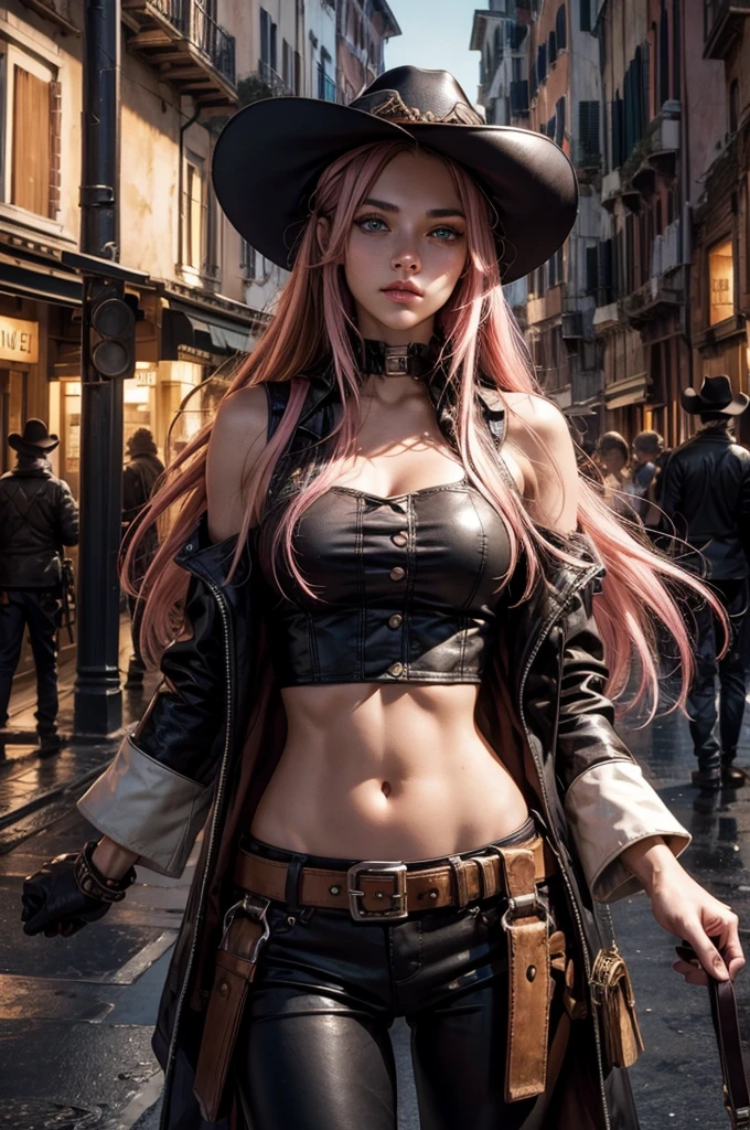neopolitan, neopolitan, long hair, brown hair, (brown eyes:1.3), pink hair, multicolored hair, pink eyes, two-tone hair, (heterochromia:1.2), split-color hair, BREAK gloves, hat, navel, brown eyes, detached sleeves, midriff, belt, pants, white gloves, black headwear, bowler hat, BREAK outdoors, night, post-apocalypse, dystopian future, venice, italy, river, gondola, (crowd in military uniforms), bonfires, BREAK looking at viewer, (cowboy shot:1.5), BREAK (masterpiece:1.2), best quality, high resolution, unity 8k wallpaper, (illustration:0.8), (beautiful detailed eyes:1.6), extremely detailed face, perfect lighting, extremely detailed CG, (perfect hands, perfect anatomy),