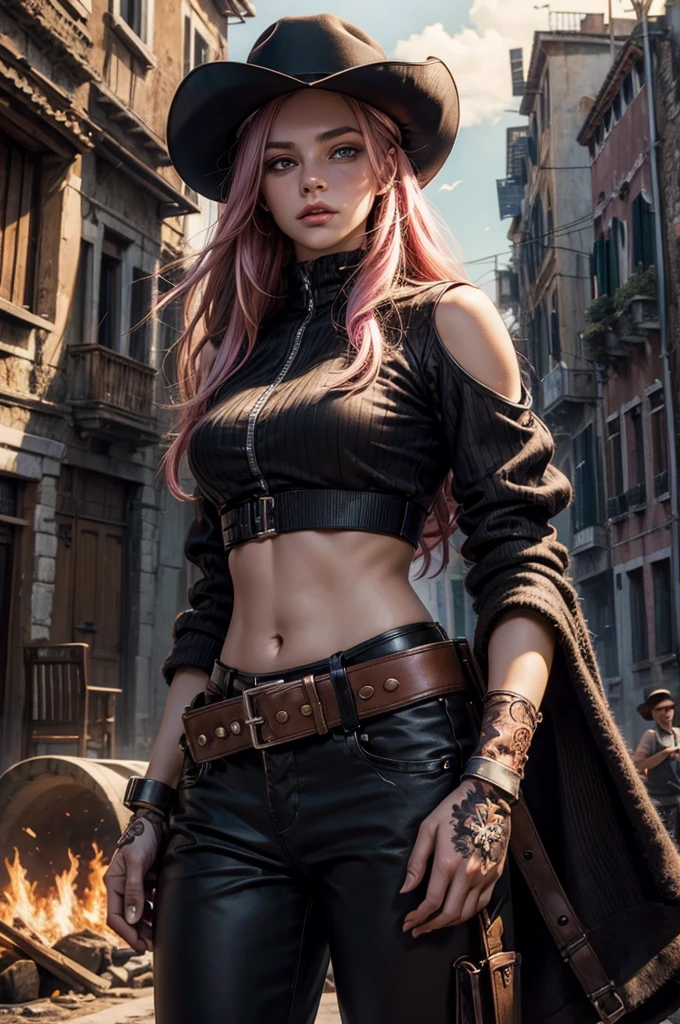 neopolitan, neopolitan, long hair, brown hair, (brown eyes:1.3), pink hair, multicolored hair, pink eyes, two-tone hair, (heterochromia:1.2), split-color hair, BREAK gloves, hat, navel, brown eyes, detached sleeves, midriff, belt, pants, white gloves, black headwear, bowler hat, BREAK outdoors, night, post-apocalypse, dystopian future, venice, italy, river, gondola, (crowd in military uniforms), bonfires, BREAK looking at viewer, (cowboy shot:1.5), BREAK (masterpiece:1.2), best quality, high resolution, unity 8k wallpaper, (illustration:0.8), (beautiful detailed eyes:1.6), extremely detailed face, perfect lighting, extremely detailed CG, (perfect hands, perfect anatomy),