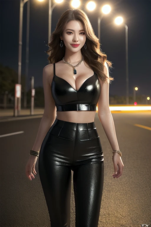 a beautiful russian woman in her 20s, light brown hair, fine white skin, attractive face, tight waist, cleavage, smiling kindly, wearing stylish clothes and necklace, active posing, detailed eyes, nose, lips, long eyelashes, perfectly balanced body, rough hairstyle, (best quality,8k,highres,masterpiece:1.2),ultra-detailed,(realistic,photorealistic,photo-realistic:1.37),HDR,UHD,studio lighting,ultra-fine painting,sharp focus,physically-based rendering,extreme detail description,professional,vivid colors,bokeh,portrait,beautiful night scenery、beautiful eyes,The whole body is shown,futuristic clothes,futuristic worldview,combing his hair with his right hand,depicted in detail,Higher image quality,deep slit