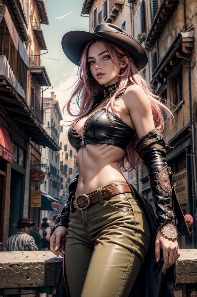 neopolitan, neopolitan, long hair, brown hair, (brown eyes:1.3), pink hair, multicolored hair, pink eyes, two-tone hair, (heterochromia:1.2), split-color hair, BREAK gloves, hat, navel, brown eyes, detached sleeves, midriff, belt, pants, white gloves, black headwear, bowler hat, BREAK outdoors, night, stars, moon, post-apocalypse, dystopian future, venice, italy, river, gondola, (crowd in military uniforms), bonfires, BREAK looking at viewer, (cowboy shot:1.5), BREAK (masterpiece:1.2), best quality, high resolution, unity 8k wallpaper, (illustration:0.8), (beautiful detailed eyes:1.6), extremely detailed face, perfect lighting, extremely detailed CG, (perfect hands, perfect anatomy),