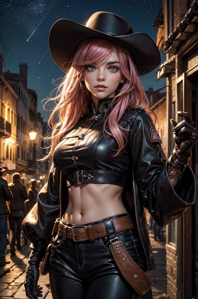 neopolitan, neopolitan, long hair, brown hair, (brown eyes:1.3), pink hair, multicolored hair, pink eyes, two-tone hair, (heterochromia:1.2), split-color hair, BREAK gloves, hat, navel, brown eyes, detached sleeves, midriff, belt, pants, white gloves, black headwear, bowler hat, BREAK outdoors, night, stars, moon, post-apocalypse, dystopian future, venice, italy, river, gondola, (crowd in military uniforms), bonfires, BREAK looking at viewer, (cowboy shot:1.5), BREAK (masterpiece:1.2), best quality, high resolution, unity 8k wallpaper, (illustration:0.8), (beautiful detailed eyes:1.6), extremely detailed face, perfect lighting, extremely detailed CG, (perfect hands, perfect anatomy),
