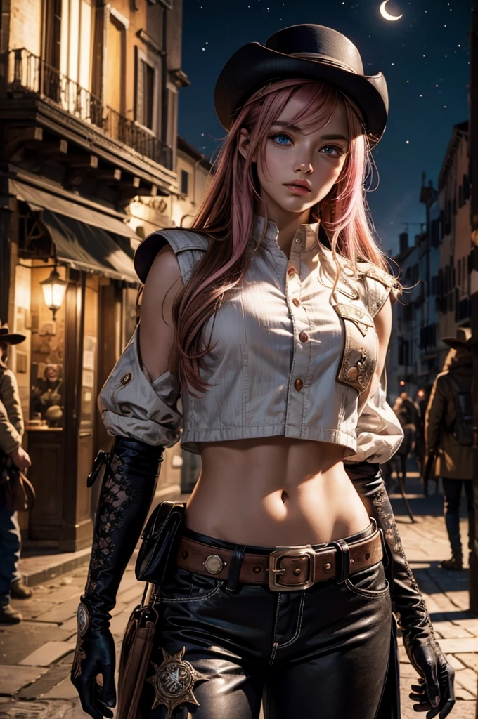 neopolitan, neopolitan, long hair, brown hair, (brown eyes:1.3), pink hair, multicolored hair, pink eyes, two-tone hair, (heterochromia:1.2), split-color hair, BREAK gloves, hat, navel, brown eyes, detached sleeves, midriff, belt, pants, white gloves, black headwear, bowler hat, BREAK outdoors, night, stars, moon, post-apocalypse, dystopian future, venice, italy, river, gondola, (crowd in military uniforms), bonfires, BREAK looking at viewer, (cowboy shot:1.5), BREAK (masterpiece:1.2), best quality, high resolution, unity 8k wallpaper, (illustration:0.8), (beautiful detailed eyes:1.6), extremely detailed face, perfect lighting, extremely detailed CG, (perfect hands, perfect anatomy),