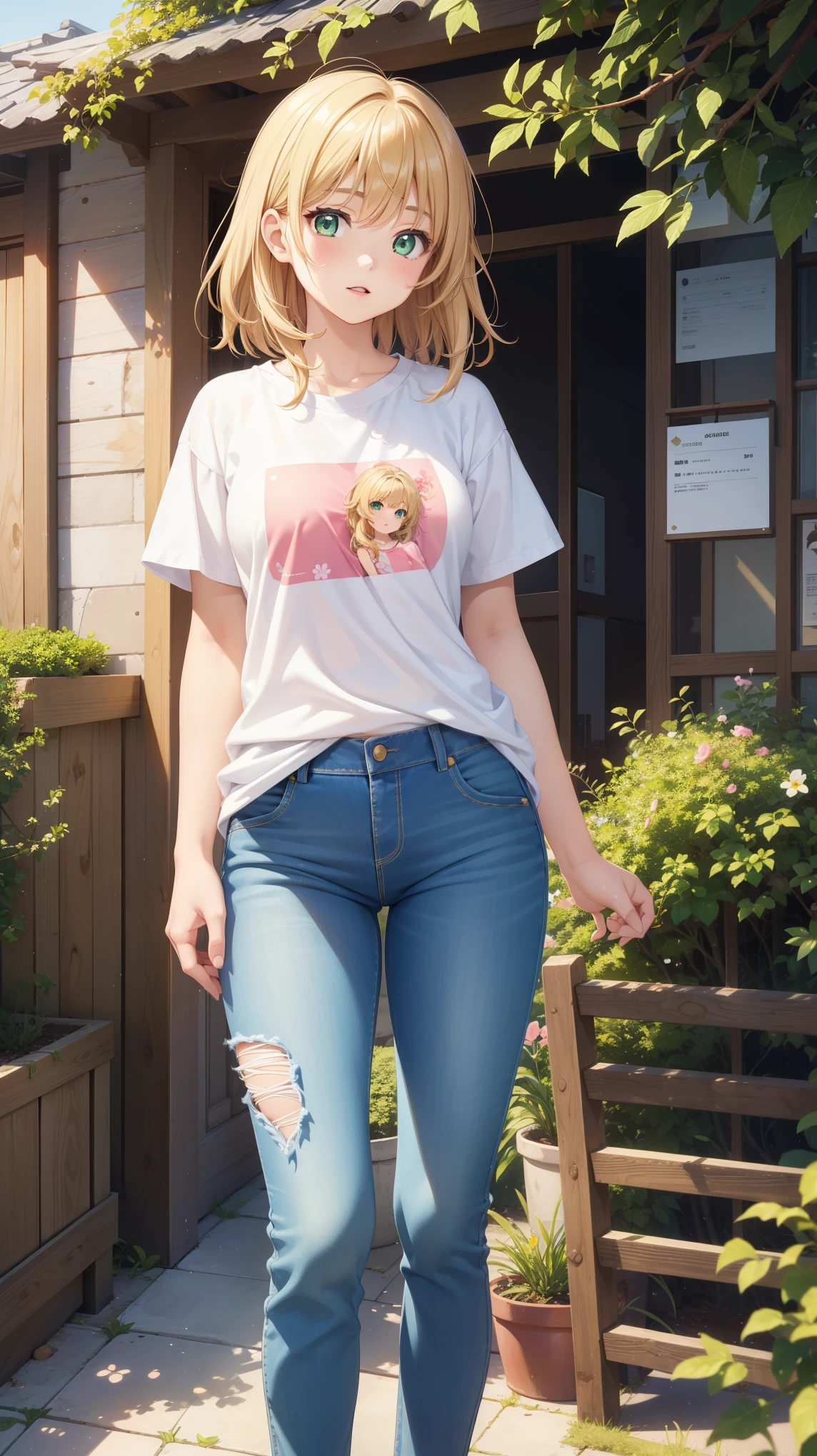 1girl, natural lighting, masterpiece, highly detailed, illustration, game CG, absurdres, high quality, kinomoto sakura, (18 year old girl), medium breasts, beautiful detailed eyes, glossy lips, natural lighting, short fluffy blonde hair, messy hair, green eyes, standing, jeans, t-shirt