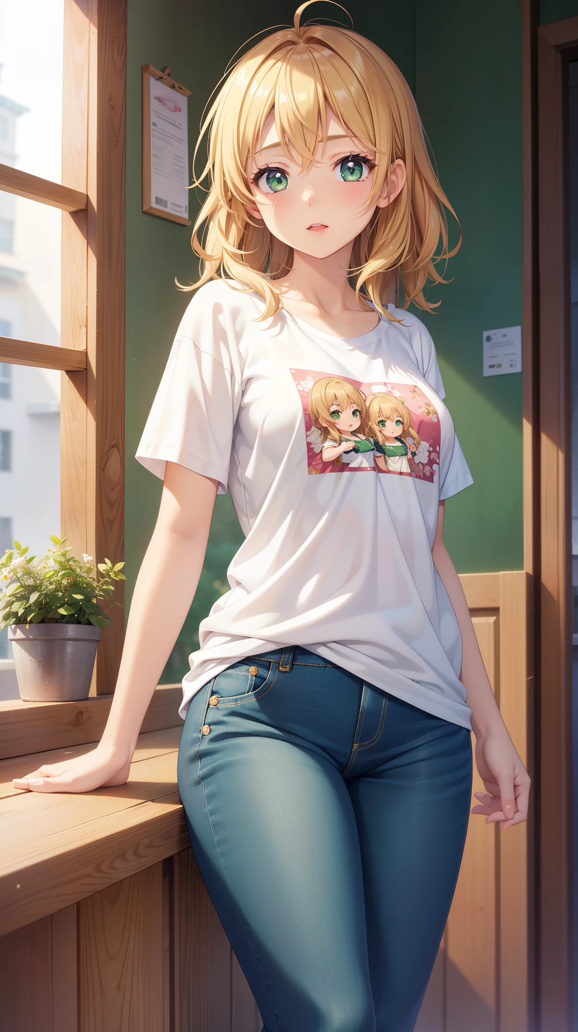 1girl, natural lighting, masterpiece, highly detailed, illustration, game CG, absurdres, high quality, kinomoto sakura, (18 year old girl), medium breasts, beautiful detailed eyes, glossy lips, natural lighting, short fluffy blonde hair, messy hair, green eyes, standing, jeans, t-shirt