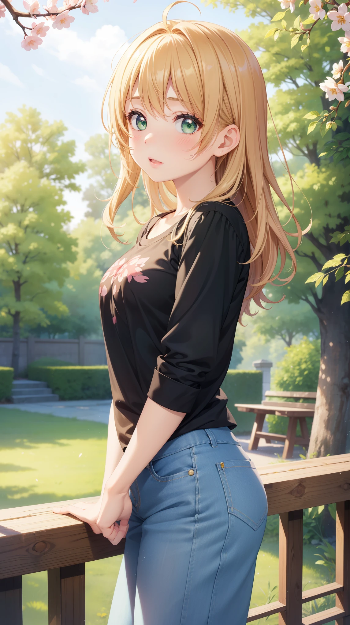 1girl, natural lighting, masterpiece, highly detailed, illustration, game CG, absurdres, high quality, kinomoto sakura, (18 year old girl), medium breasts, beautiful detailed eyes, glossy lips, natural lighting, short fluffy blonde hair, messy hair, green eyes, standing, jeans, t-shirt