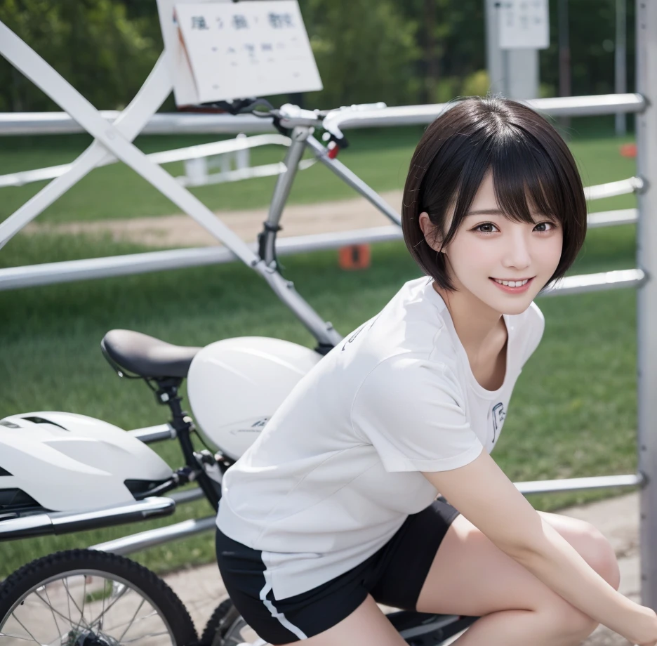 masterpiece, highest quality, (Clear photos: 1.3), Realistic, A woman with short hair like a man、Black Hair、Can play sports、smile、fine、Moving fast、Excellent motor nerve、