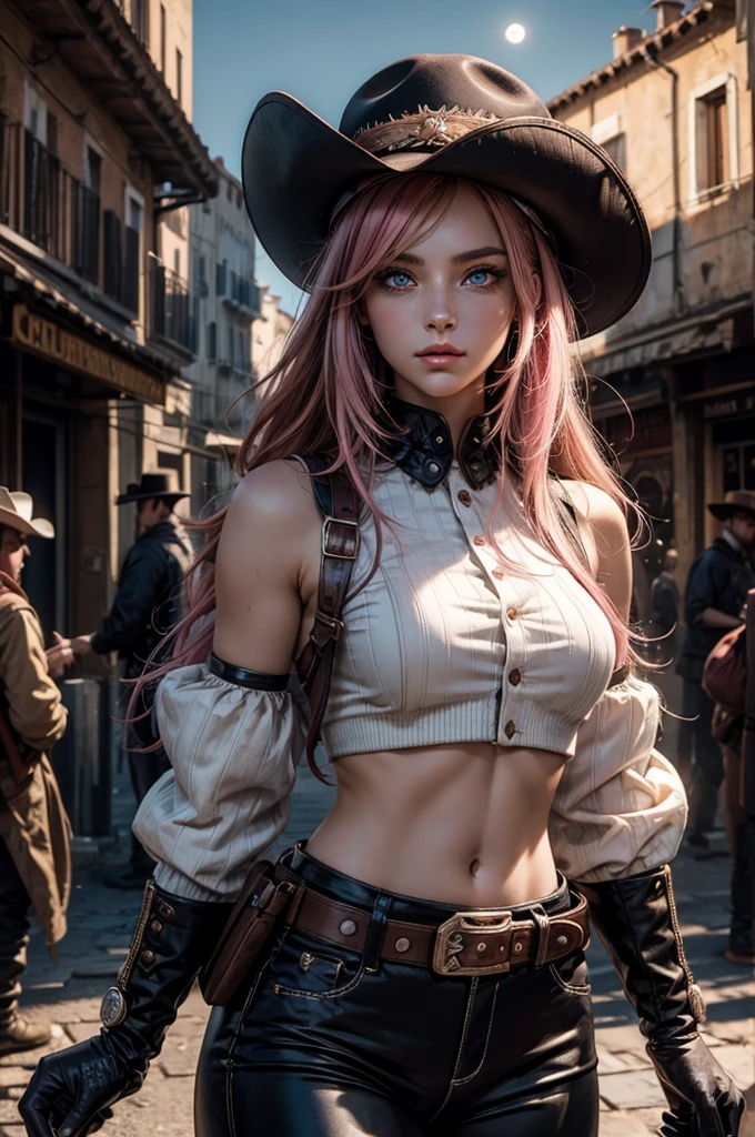 neopolitan, neopolitan, long hair, brown hair, (brown eyes:1.3), pink hair, multicolored hair, pink eyes, two-tone hair, (heterochromia:1.2), split-color hair, BREAK gloves, hat, navel, brown eyes, detached sleeves, midriff, belt, pants, white gloves, black headwear, bowler hat, BREAK outdoors, night, stars, moon, post-apocalypse, dystopian future, venice, italy, river, gondola, (crowd in military uniforms), bonfires, BREAK looking at viewer, (cowboy shot:1.5), BREAK (masterpiece:1.2), best quality, high resolution, unity 8k wallpaper, (illustration:0.8), (beautiful detailed eyes:1.6), extremely detailed face, perfect lighting, extremely detailed CG, (perfect hands, perfect ???????),