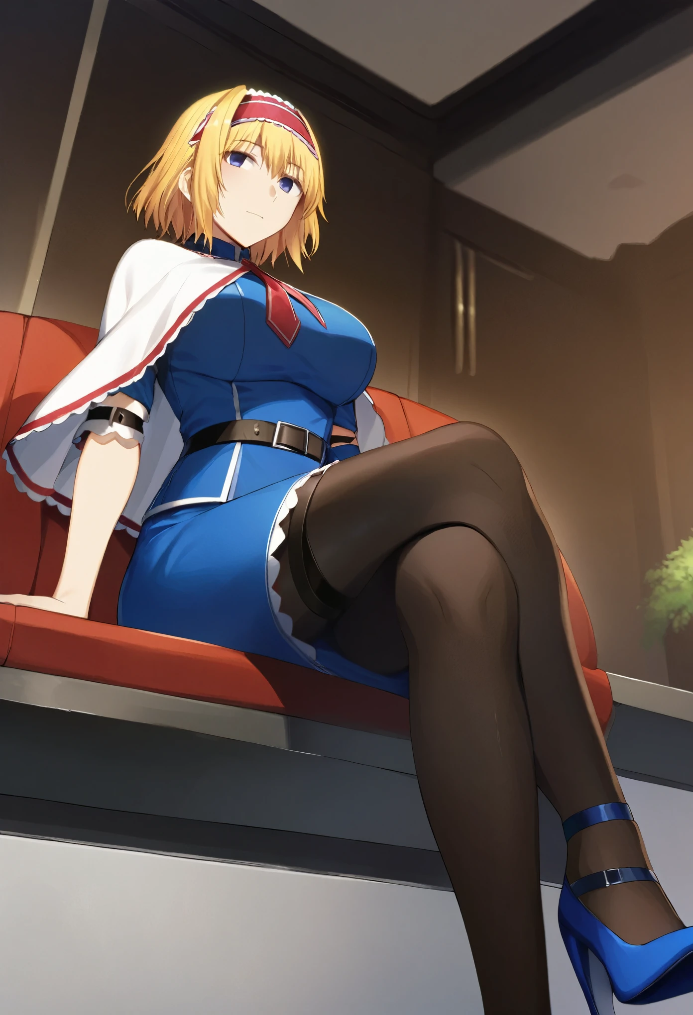 masterpiece, best quality, artist:fukuro_(maruaru00), 1girl, solo, alice margatroid, blonde hair, short hair, hairband, blue dress, red ties, white capelet, large breasts, black pantyhose, high heels, pencil skirt, leg belt, arm belt, sitting with crossed legs, from below