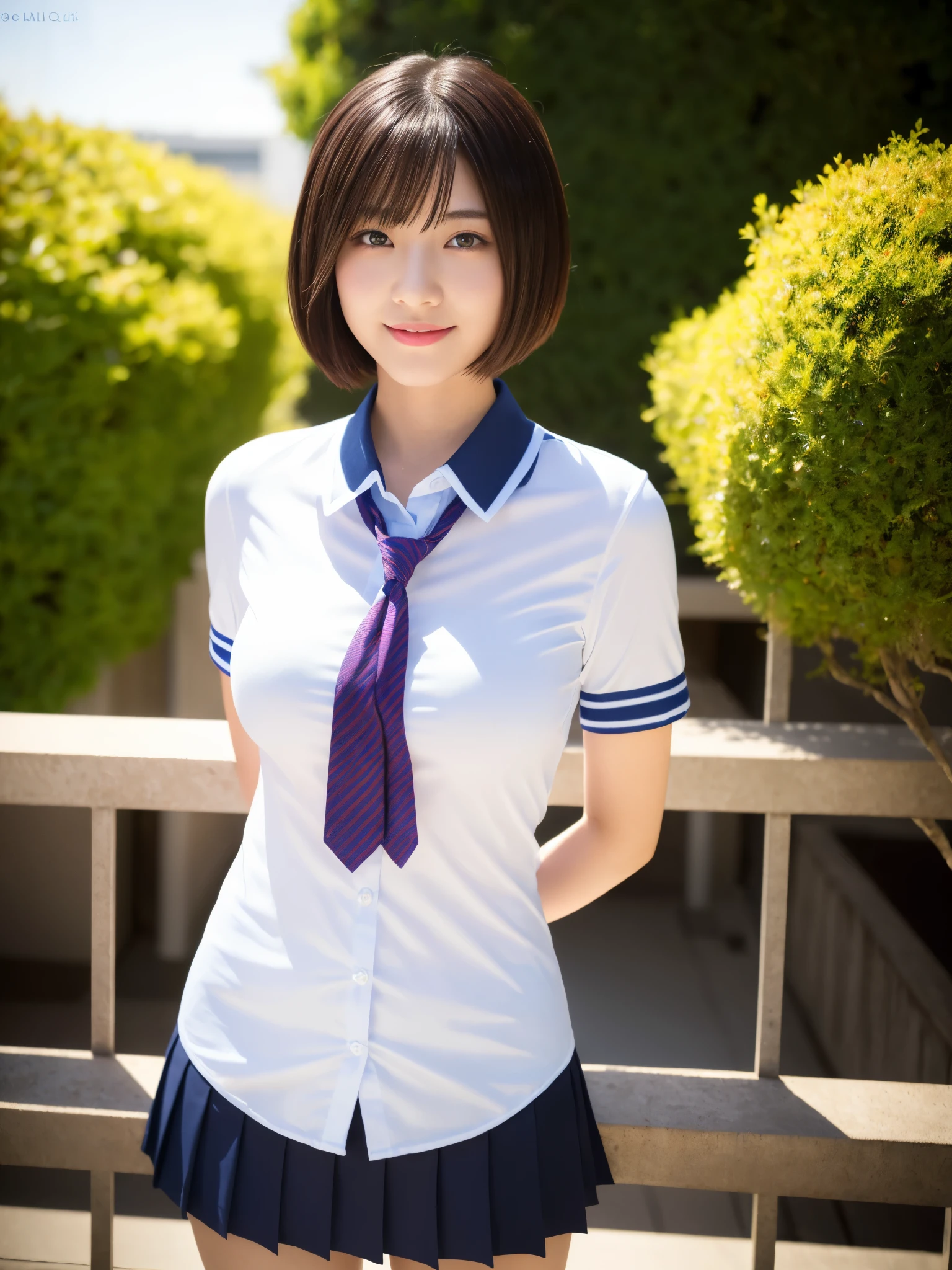 a beautiful 18-year-old Japanese lady,short bob hair,serafuku uniform,tight moderately translucent shirt,large round breasts,slender curvy figure,beautiful detailed eyes,long eyelashes,double eyelids,elongated eyes,innocent smile,short red ribbon tie,short pleated skirt,school patio background,hands on her hip,(best quality,4k,8k,highres,masterpiece:1.2),ultra-detailed,(realistic,photorealistic,photo-realistic:1.37),HDR,vivid colors,studio lighting