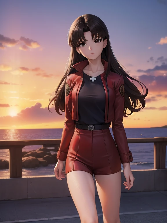 misatokatsuragi, misato katsuragi, pelo largo, (Brown eyes:1.5), pelo azul, (cabello purpura:1.2),
ROMPER dress, chaqueta, pendientes, botas, collar, vestido negro, tacones altos, vestido corto, (red chaqueta:1.5), mirar, wristmirar, cross collar,
ROMPER outdoors, Ciudad,
ROMPER looking at viewer, (tiro de vaquero:1.5),
ROMPER (Obra maestra:1.2), mejor calidad, high resolution, fondo de pantalla de unidad 8k, (ILLUSTRATION:0.8), (hermosos ojos detallados:1.6), cara extremadamente detallada, perfect lighting, CG extremadamente detallado, (manos perfectas, perfect anatomy),