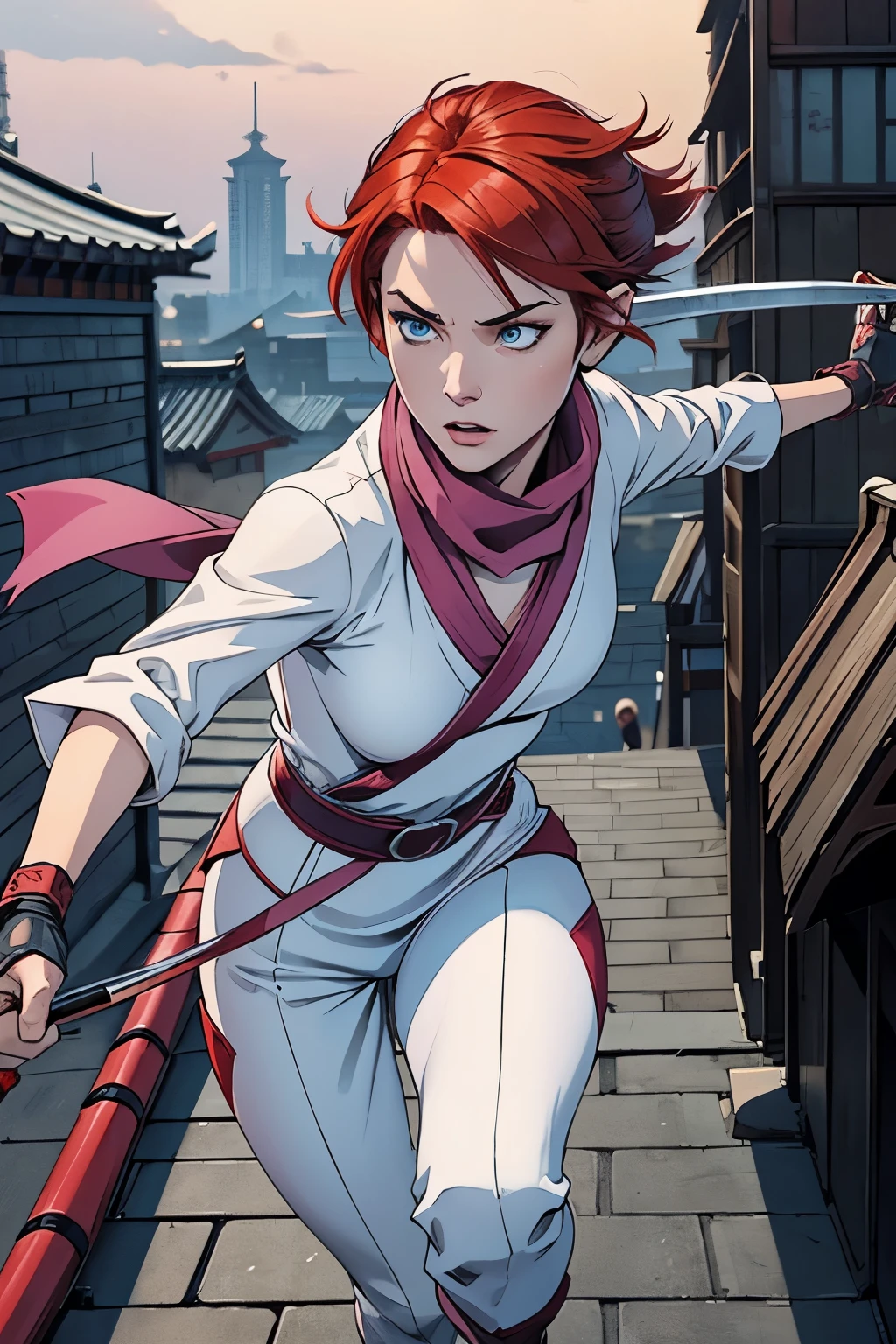 Fantasy setting. Female ninja, pixie cut hair, red hair, blue eyes, pale skin. Tight white outfit, pink highlights, ninja outfit, wraps, scarf. Katanas. Show her running across a rooftop. Detailed hands. Detailed eyes. Detailed face. Intense expression. Hands gripping katanas.