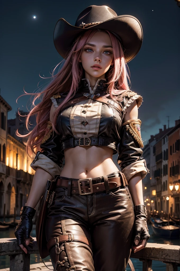 neopolitan, neopolitan, long hair, brown hair, (brown eyes:1.3), pink hair, multicolored hair, pink eyes, two-tone hair, (heterochromia:1.2), split-color hair, BREAK gloves, hat, navel, brown eyes, detached sleeves, midriff, belt, pants, white gloves, black headwear, bowler hat, BREAK outdoors, night, stars, moon, post-apocalypse, dystopian future, venice, italy, river, gondola, (crowd in military uniforms), bonfires, BREAK looking at viewer, (cowboy shot:1.5), BREAK (masterpiece:1.2), best quality, high resolution, unity 8k wallpaper, (illustration:0.8), (beautiful detailed eyes:1.6), extremely detailed face, perfect lighting, extremely detailed CG, (perfect hands, perfect anatomy),