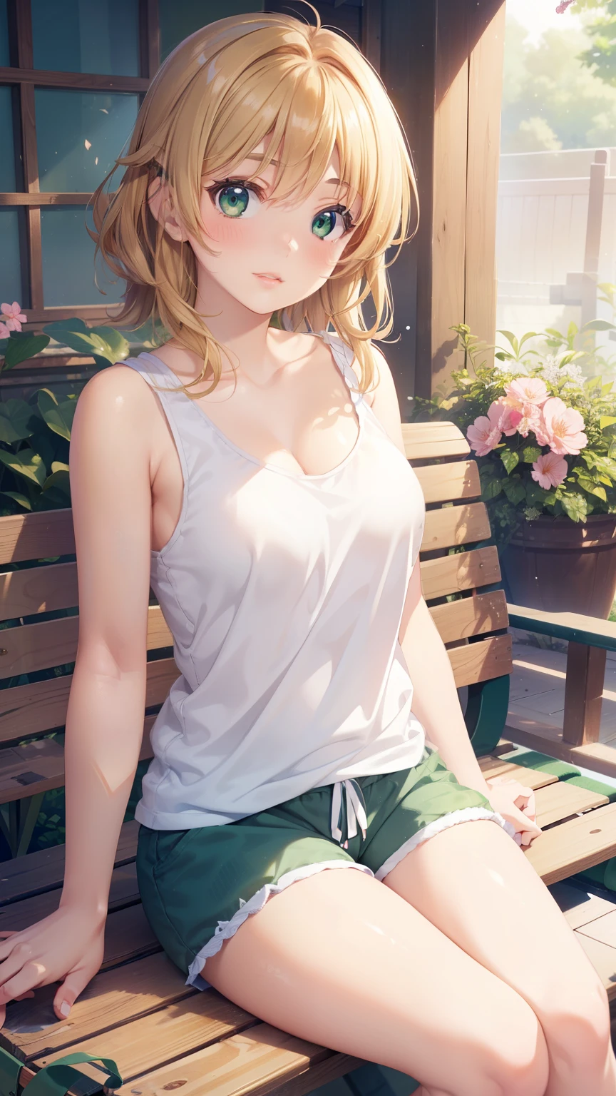 1girl, natural lighting, masterpiece, highly detailed, illustration, game CG, absurdres, high quality, kinomoto sakura, (18 year old girl), medium breasts, beautiful detailed eyes, glossy lips, natural lighting, short fluffy blonde hair, messy hair, green eyes, bench, sitting, tank top, shorts