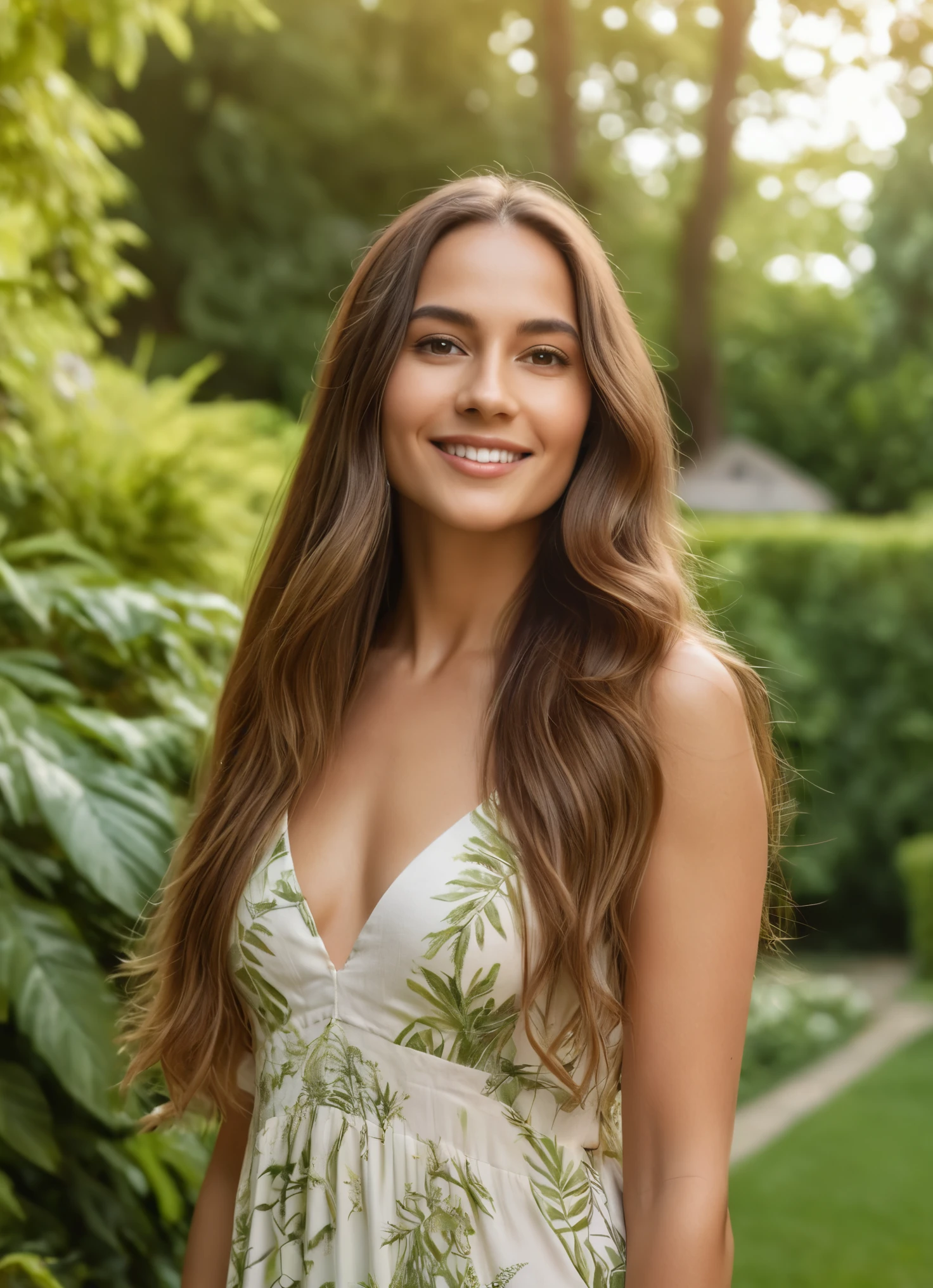 beautiful detailed woman standing in a lush garden with tall trees, detailed beautiful face with details of skin, serene light smiling expression, long flowing hair, casual dress, house in the background not clearly visible, (best quality,4k,8k,highres,masterpiece:1.2),ultra-detailed,(realistic,photorealistic,photo-realistic:1.37),detailed foliage, natural lighting, warm color tones, landscape, cinematic
