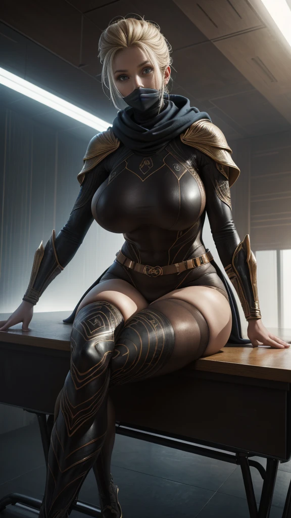 a digital illustration portraying a girl clad in an intricately designed Fremen suit reminiscent of the universe in Frank Herbert's "Dune." The suit boasts meticulous detailing, showcasing its desert-friendly features, including sand-resistant layers, functional utility belts, and a protective headscarf. Against the backdrop of a ferocious desert storm, she stands defiant, the tempest swirling around her. The artwork adopts a hyperrealistic style, accentuating the tactile feel of the suit's texture and the dramatic contrast of light and shadow in the midst of the storm, (Thick thighs:1.3), (huge breasts:1.4), , ((sitting at school desk with legs spread,))