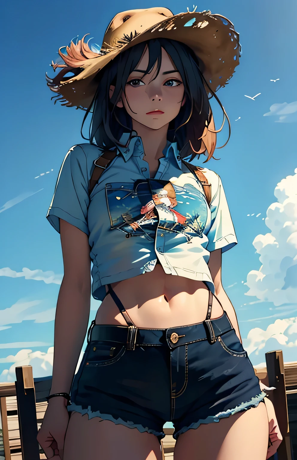 (masterpiece, best quality:1.2), cowboy shot, solo, 1girli, ???????, closed mouth, looking at the viewer, ???, wide ????, shirt, short shorts, ?????, squats, legs spread, blue sky, ???????,